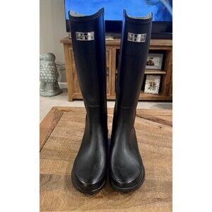 Hunter Tall Rain Boots Matte Black Silver Logo Womens US 10 Cece w/ Liners